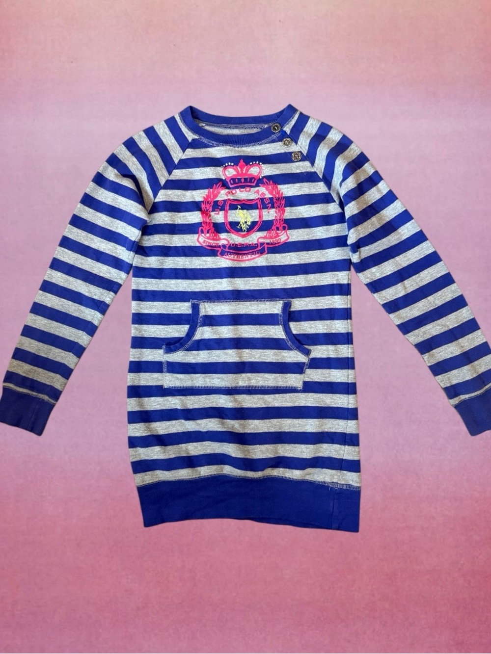 Girls' Blue & Silver Striped Long Sleeve Top with Pink Crest